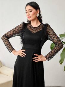 Modelyn Women's Lace Patchwork Furry Dress Long Evening Dresses Fall Cloth For Women - Black - View 3