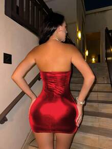 VaVaBold 2024新款性感黑色無肩帶皮革裙 - 紅色 - 查看 2