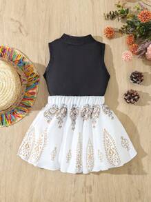 SHEIN Baby Girl Spring/Summer Floral Print Stand Collar Sleeveless Top And Skirt Set