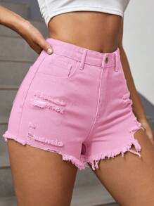 SHEIN EZwear Distressed Frayed Denim Shorts