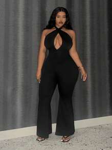 Slaydiva 大尺碼女性性感十字背心束身連體褲 - 黑色 - 查看 1