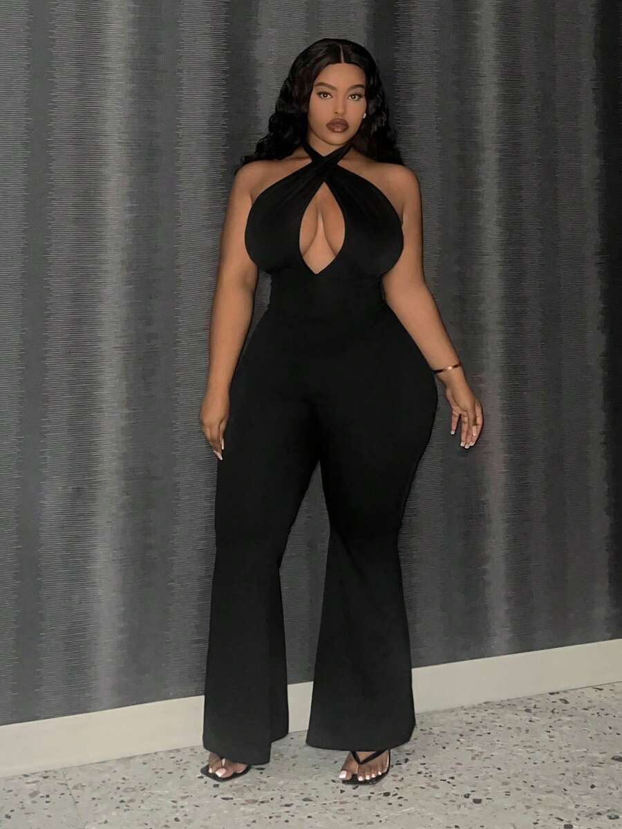 Slaydiva 大尺碼女性性感十字背心束身連體褲 - 黑色 - 查看 1