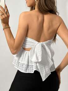 SHEIN Privé Back Bowknot Tie Multi-Layer Ruffle Hem Elegant Top - White - View 4
