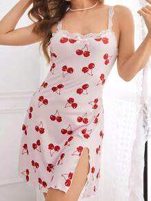 女士拼接蕾絲和櫻桃印花睡衣 - 彩色 - 查看 4