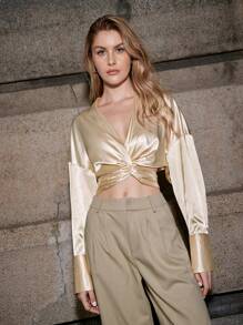 SHEIN Allurite Elegante Camisa De Manga Larga Con Nudo Retorcido Y Diseño Ahuecado