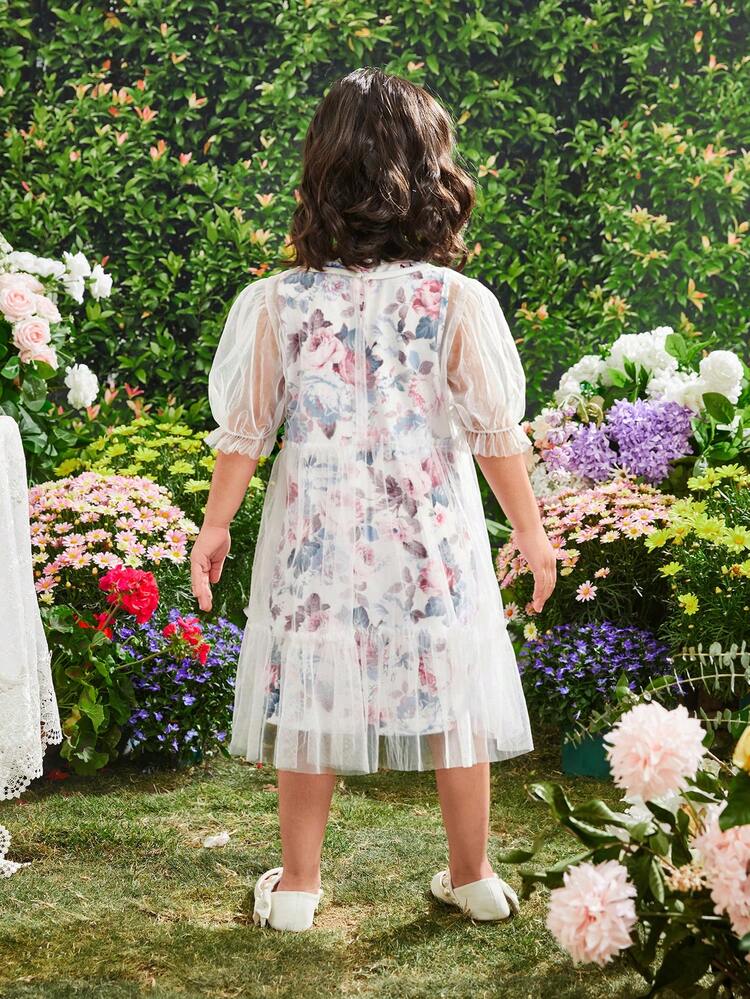 Young Girl Round Neck Mesh Puff Sleeve Dress With Floral Print Round Neck Sleeveless Dress Inside Plus Floral Print Hairband 3pcs Set