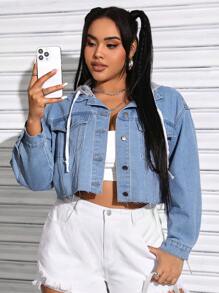 SHEIN EZwear 加大碼顏色拼接束口帽短式牛仔外套 - 淺色水洗藍 - 查看 4
