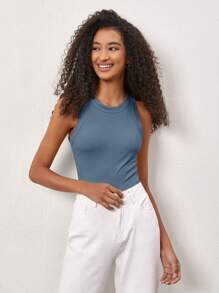 SHEIN BASICS Của phụ nữ Màu thuần Vòng cổ Sọc Áo ba lỗ - Màu xanh nhạt - Xem 10