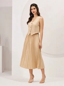 Modelyn 女性的v領單排扣背心、西裝外套和褶裙套裝 - 杏色 - 查看 8