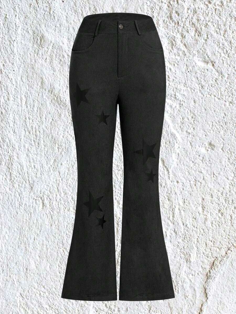 SHEIN EZwear Star Pattern Casual Bell-bottoms Pants - Grey - View 1