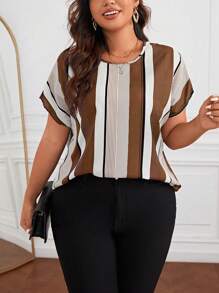 SHEIN Clasi Plus Size Striped Print Batwing Sleeve Blouse, Summer
