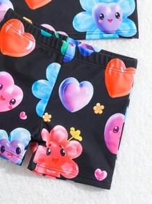 Baby Boy Cartoon Heart & Flower Pattern Long Sleeve Swimsuit - Black - View 5