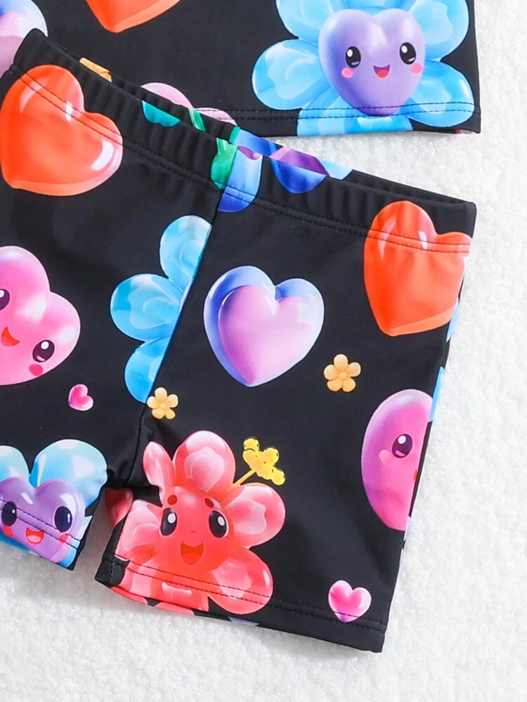 Baby Boy Cartoon Heart & Flower Pattern Long Sleeve Swimsuit