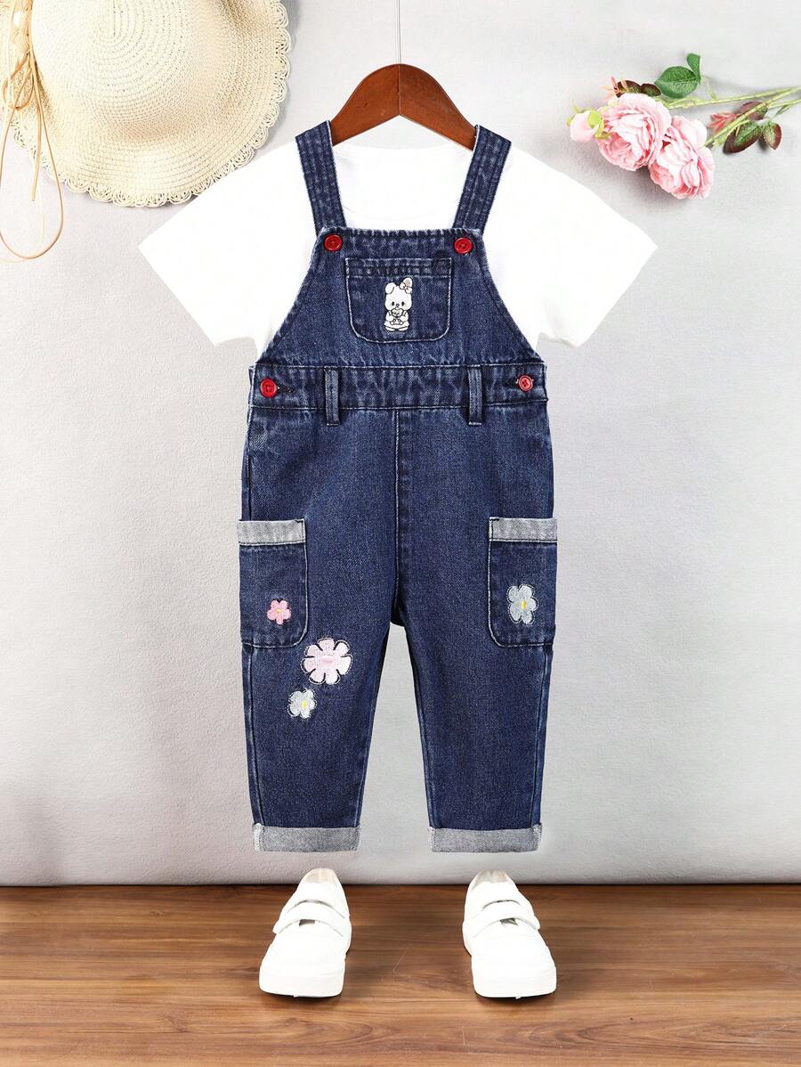 Baby Girl's Sandblasted Floral Print Denim Overalls - Dark Wash - View 1