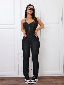 SHEIN ICON Women's Slim Fit Denim Jumpsuit With Spaghetti Straps - Black - View 5