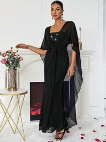 SHEIN Belle Của phụ nữ Lưng Chữ V Cape Thanh lịch Trang phục dạ hội Đầm - màu đen - Xem 6