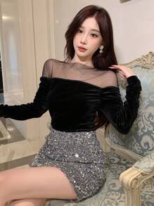 DAZY 女士网纱长袖衬衫/T恤外出上衣，新年夜，秋季女装嘉年华 - 黑色 - 查看 5