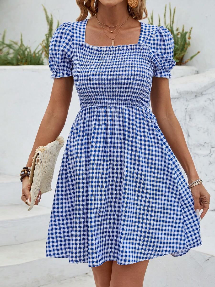 SHEIN LUNE Vestido A Cuadros Para Mujer Con Escote Cuadrado - Azul y blanco - Ver 1