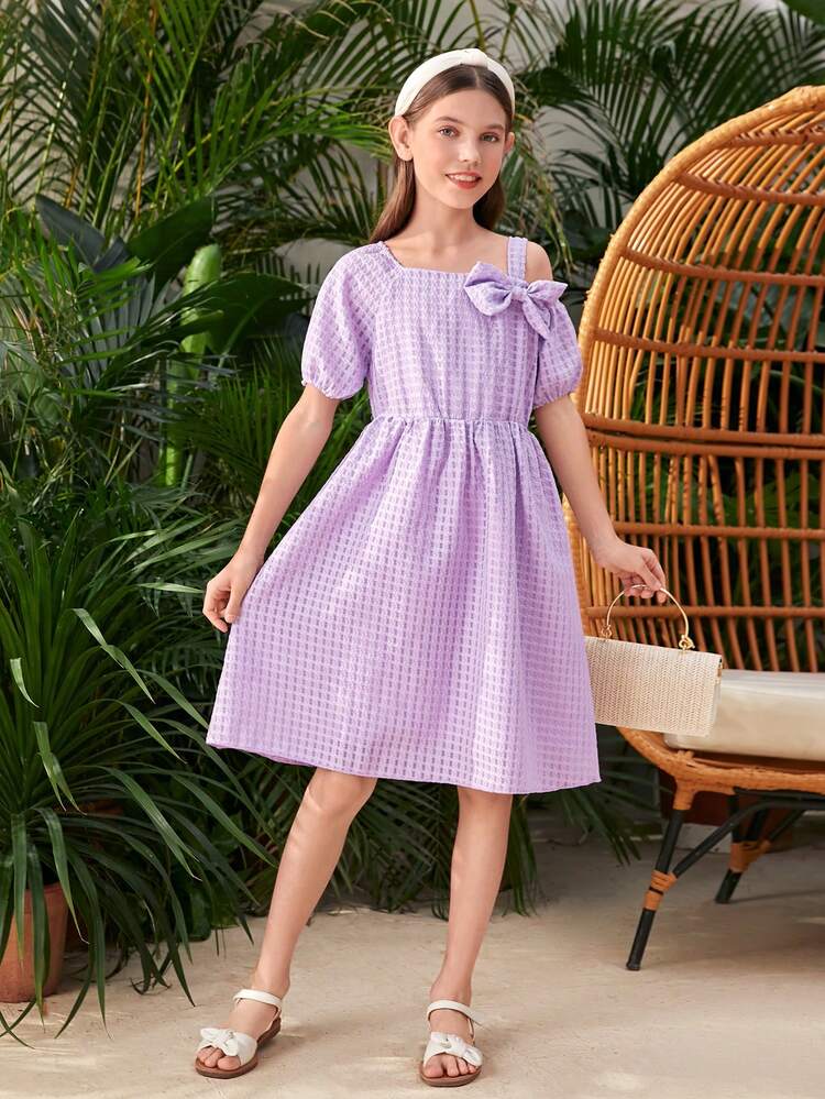 Tween Girls' Asymmetrical Collar Bowknot Decoration Dress