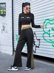 Streetz SHEIN Sport Color-Block Wide Leg Athletic Pants With Slanted Pockets - Black - View 3