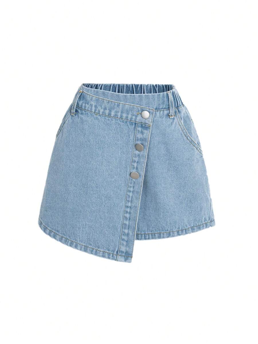 青少女彈性腰帶前扣環包覆式牛仔裙短褲 - 中等水洗藍 - 查看 1