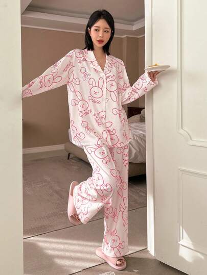 Galette Pyjamas ウサギ柄 パジャマ Amazon | 店舗]パジャマ レディース 前開き 長袖 ロングパンツ