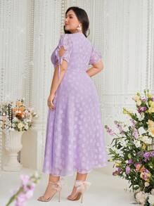 Modelyn 大尺寸 V 領提花連身裙,袖子繫帶細節 - 紫色 - 查看 2