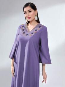 Modelyn Women's Geometric Embroidery Bell Sleeve Arabian Dress Long Evening Dresses