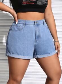 SHEIN EZwear Rozmiar Plus Damski Luźny krój Z mankietami Spodenki dżinsowe - Jasny jeans - Zobacz 4