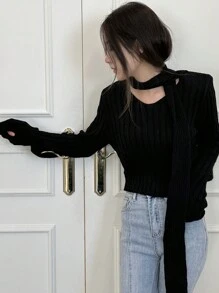DAZY 女式长袖罗纹毛衣秋季 - 黑色 - 查看 4