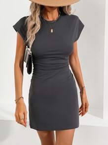 SHEIN LUNE Solid Color Round Neck Slim Fit Pleated Dress