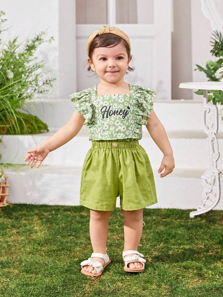 Baby Girl Casual Summer Holiday Flower Patterned Top And Shorts Set With Ruffle Hem