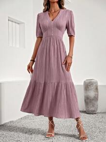 SHEIN Clasi Solid Color Textured Empire Waist Dress With Ruffle Hem - Dusty Pink - View 4