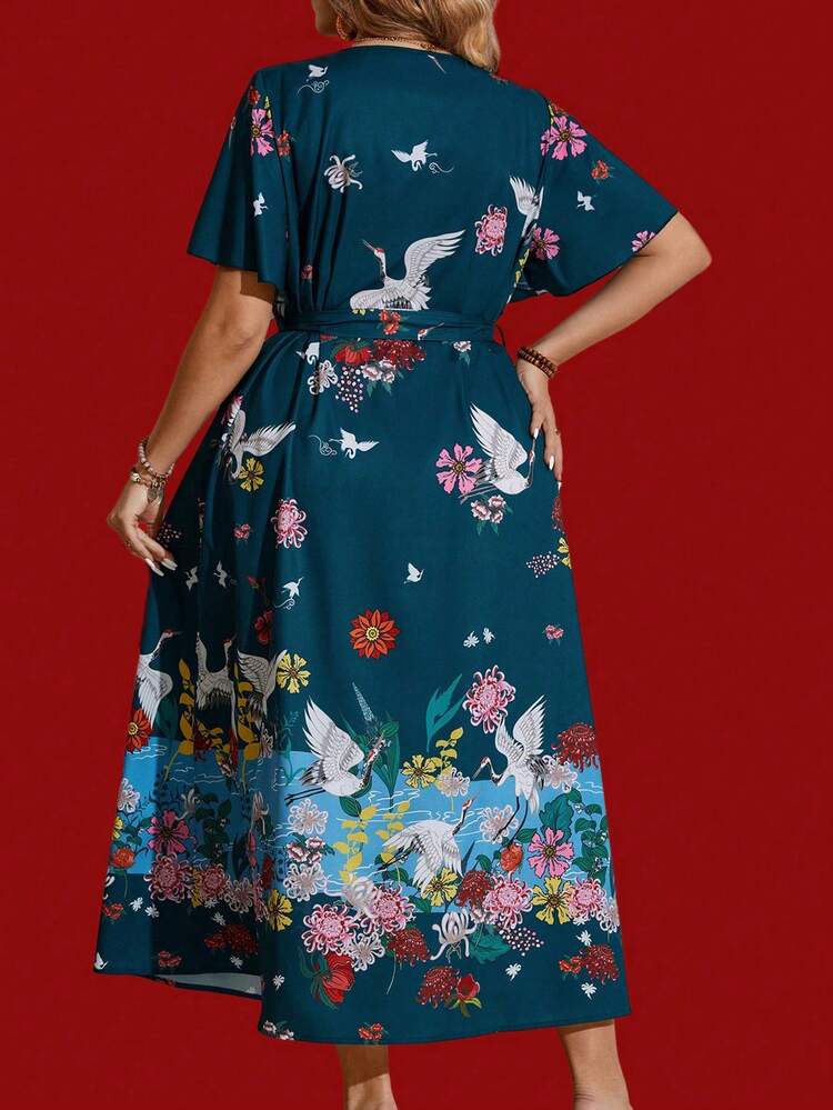 Plus Size Women'S Floral Printed Button Front Dress