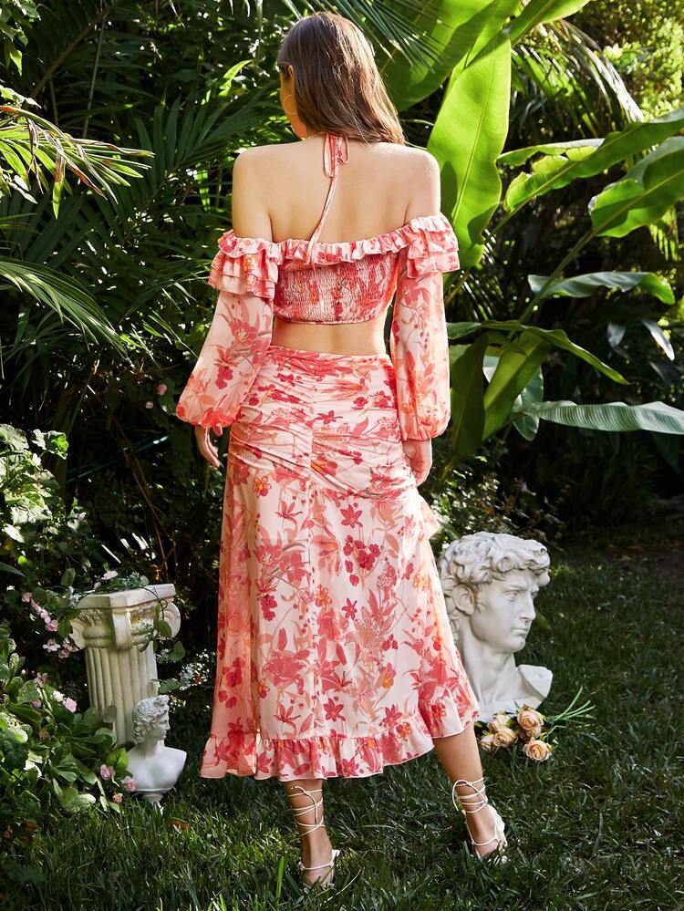 Summer Women's Floral Print Ruffle Hem Skirt