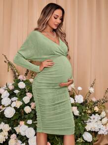 SHEIN 孕婦v領純色長袖洋裝 - 薄荷綠 - 查看 5