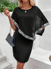 EMERY ROSE 女士修身款拼接亮片網紗洋裝 - 黑色 - 查看 4