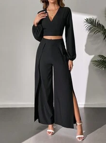 SHEIN Tall Solid Color V-Neck Lantern Sleeve Top And Split Wide Leg Pants, Tall Women - Black - View 4