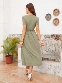 DEARCASE Button Decorated Short Sleeve Waist Cinched Dress - Navy Blue - View 2