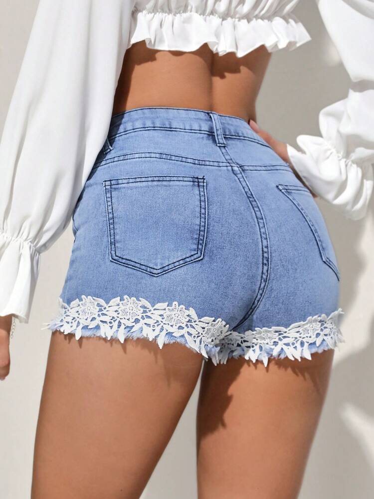 Beach Holiday Leisure Lace Patchwork Sexy Denim Ultra-Short Shorts In Blue
