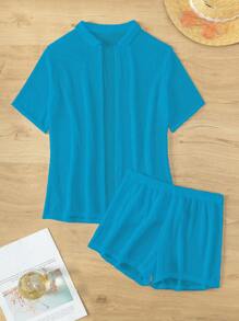 SHEIN Swim 女款紋理遮陽衣,2入組 - 藍色 - 查看 5