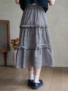 FRIFUL 女士格子荷叶边半身裙 - 黑與白 - 查看 4