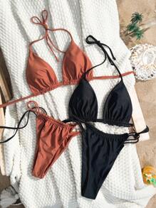 SHEIN Swim Ladies' Solid Color Bikini Set, Vacation Style Summer Beach - Multicolor - View 1