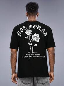 AXEPEAK Men Rose & Slogan Graphic Tee - Black - View 1