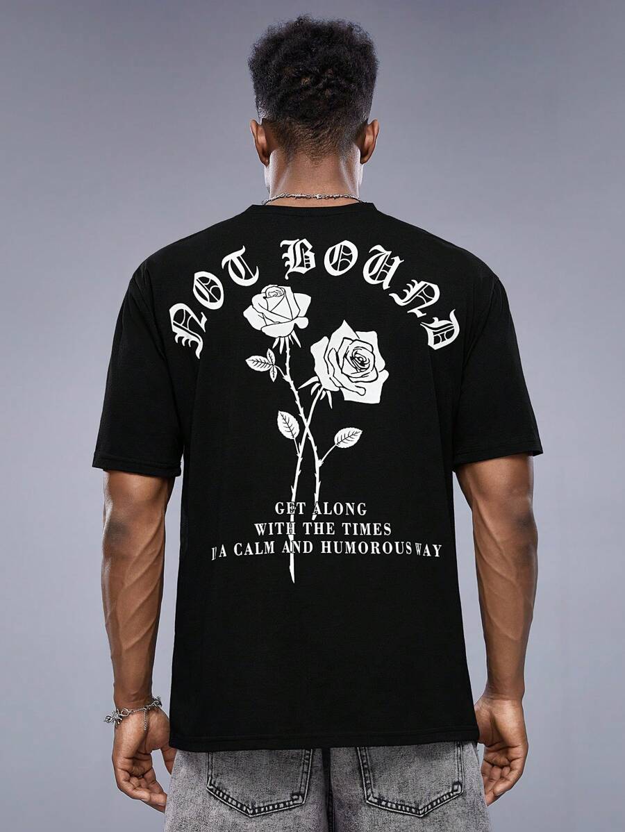 AXEPEAK Men Rose & Slogan Graphic Tee - Black - View 1