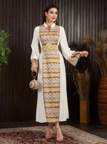 SHEIN Najma 阿拉伯風格印花長袖連衣裙 - 白色 - 查看 3
