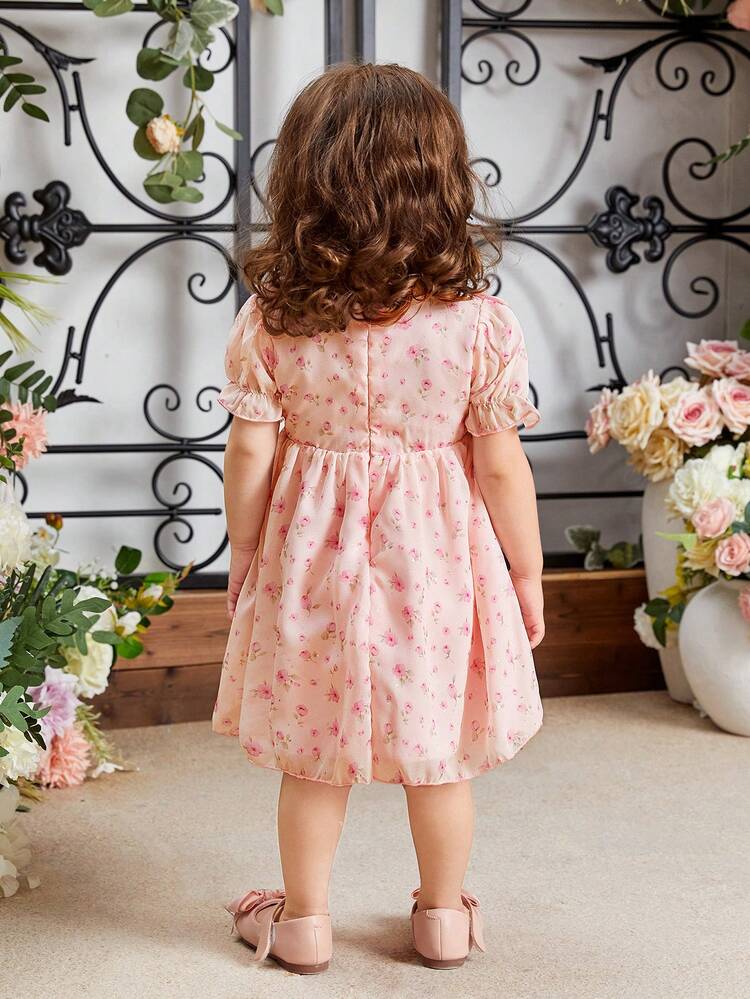 Baby Girl Spring/Summer Elegant Pink Printed Dress With Small Floral & Metallic Polka Dot Pattern