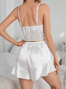 Conjunto De Pijama De Satén Decorado Con Botones Para Mujeres - Blanco - Ver 2