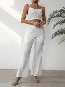 Chiquease Women's Solid Color Cropped Cami Top And Pants Set - White - View 5