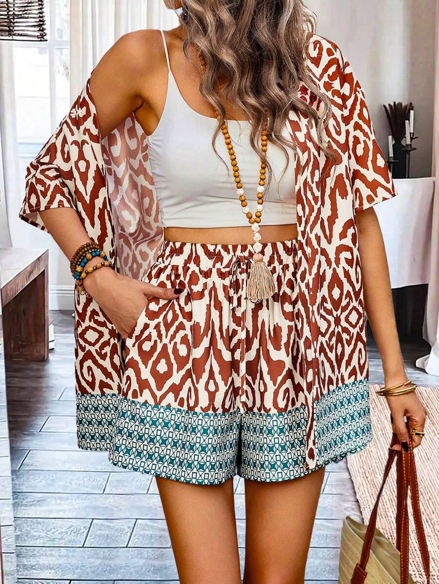 Breezaya Của phụ nữ In Áo len Mở Áo Và Bộ quần short - Nhiều màu - Xem 1